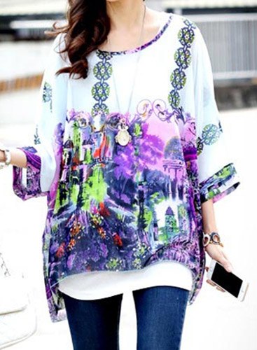 Relaxed Printed Scoop Neck Batwing Sleeve Chiffon Blouse For Women